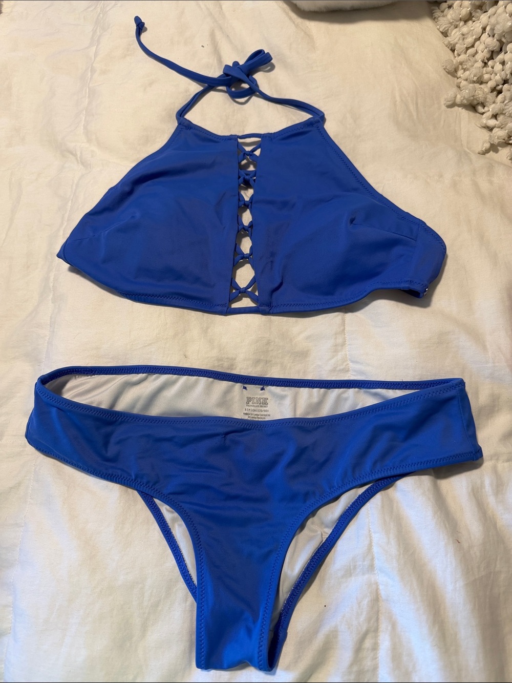 PINK Victoria's Secret Royal Blue Lace-Up High Neck Bikini Set